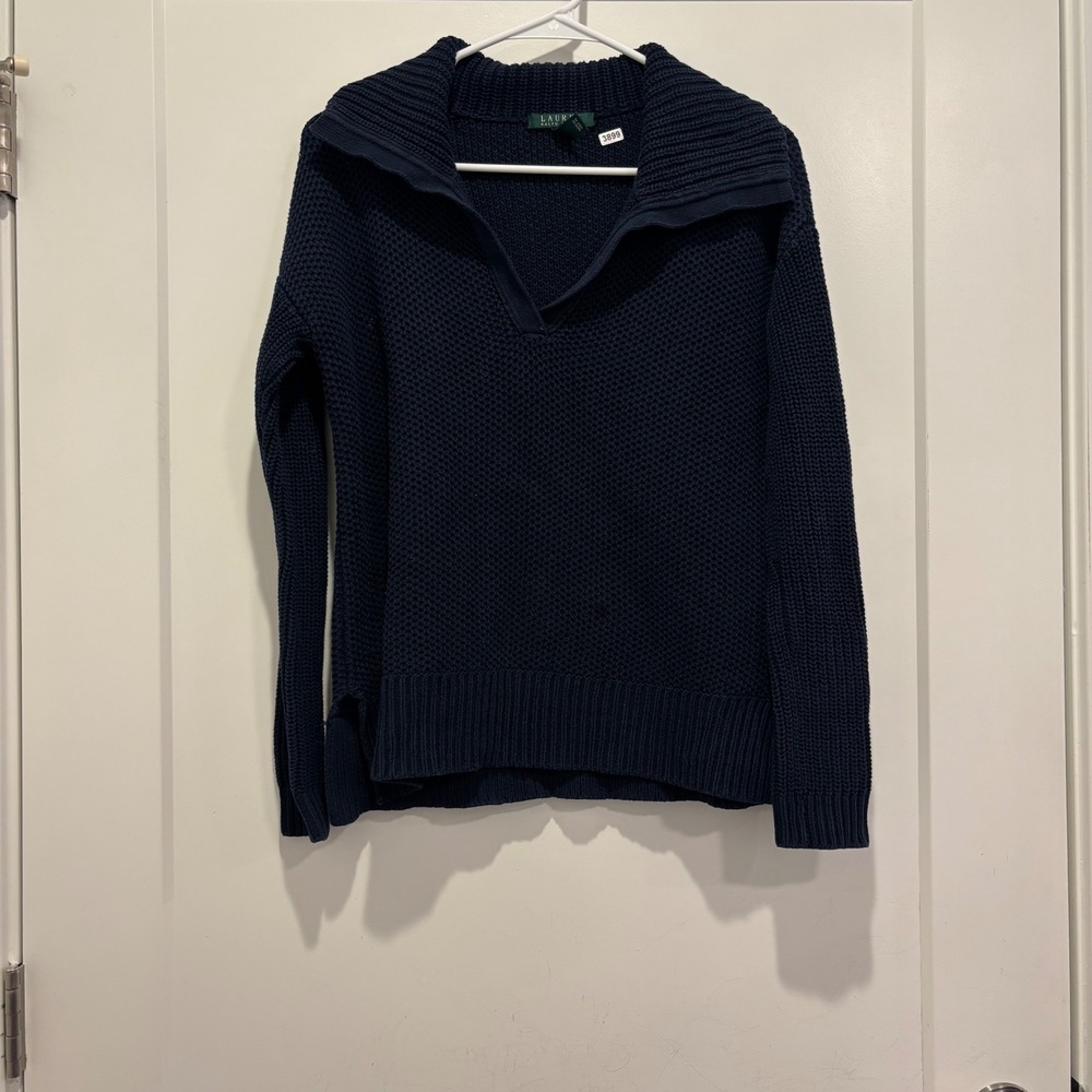 Lauren Ralph Lauren Navy Blue Shaker Knit Split Neck Sweater Small